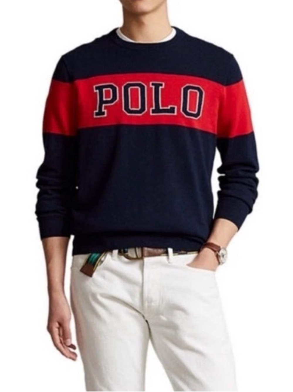 POLO RALPH LAUREN Classic Navy Red Logo Colorblock Knit Sweater Men’s Large NWT